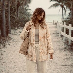 BECASA Coastal Palm Print 100% Cotton Hand-Blocked Oversized Button Down XL